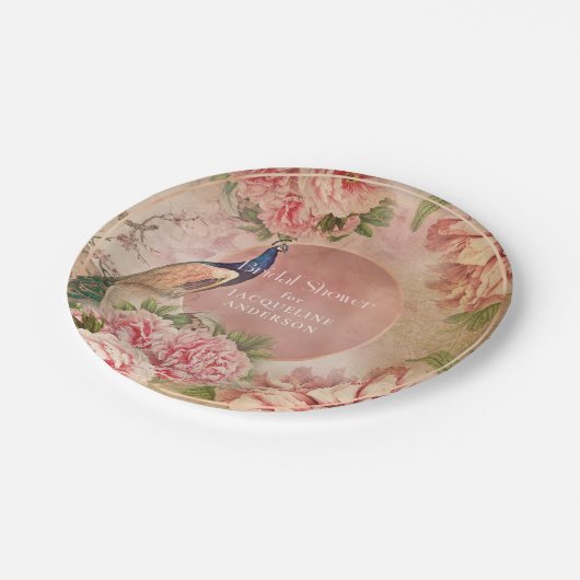 ヴィンテージエレガントピーコックピンクピーニーブライダルシャワー ペーパープレート (アングル)
