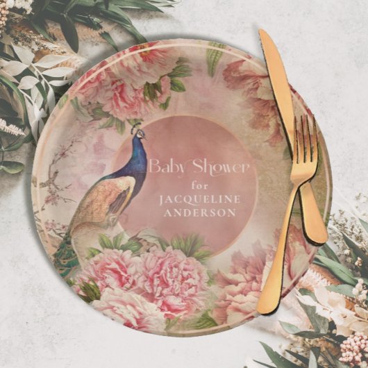 ヴィンテージエレガントピーコックピンク牡丹ベイビーシャワーパップ ペーパープレート