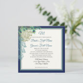 ヴィンテージエレガントピーコックフェザーネイビーブルー結婚ズ 招待状 (スタンド正面)