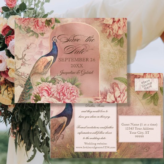 ヴィンテージエレガントピーコックフローラピンク日付を保存 案内ポストカード