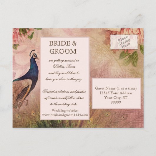 ヴィンテージエレガントピーコックフローラピンク日付を保存 案内ポストカード (裏面)