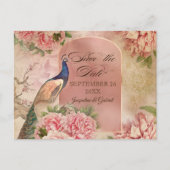 ヴィンテージエレガントピーコックフローラピンク日付を保存 案内ポストカード (正面)
