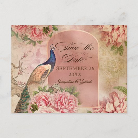 ヴィンテージエレガントピーコックフローラピンク日付を保存 案内ポストカード (正面)