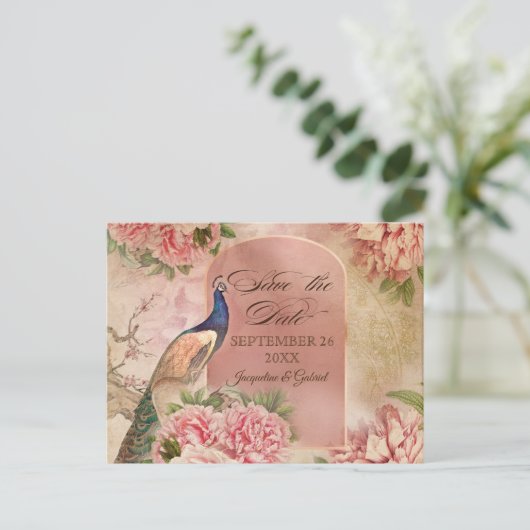 ヴィンテージエレガントピーコックフローラピンク日付を保存 案内ポストカード (スタンド正面)