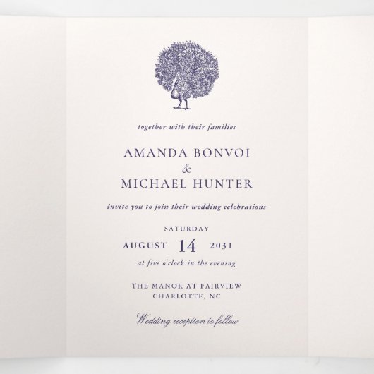 ヴィンテージエレガントピーコックミッドナイト結婚ブルー 三つ折り招待状 (内部中)