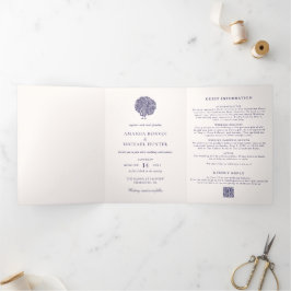 ヴィンテージエレガントピーコックミッドナイト結婚ブルー 三つ折り招待状