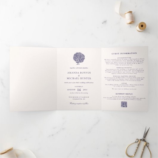 ヴィンテージエレガントピーコックミッドナイト結婚ブルー 三つ折り招待状 (内部)