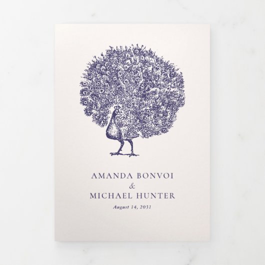 ヴィンテージエレガントピーコックミッドナイト結婚ブルー 三つ折り招待状 (カバー)