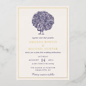 ヴィンテージエレガントピーコックミッドナイト結婚ブルー 箔招待状 (正面)