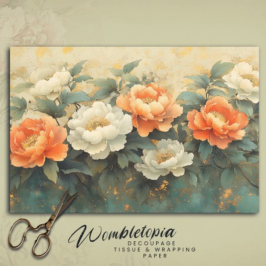 ヴィンテージエレガントピーチ牡丹フローラアートデカップージ 薄葉紙