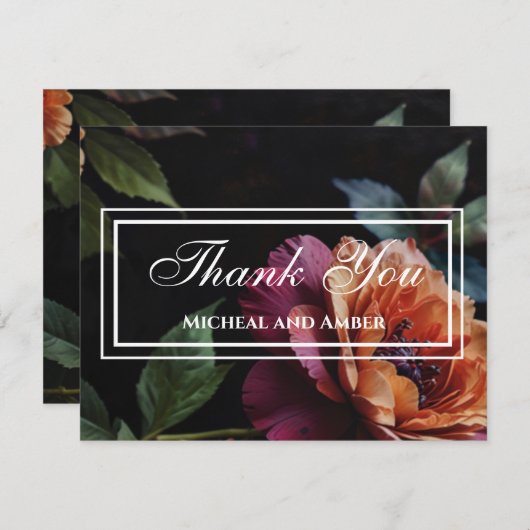 ヴィンテージエレガントピーチ赤フローラムーディボホ サンキューカード (正面/裏面)