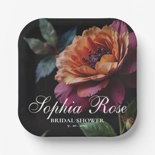 ヴィンテージエレガントピーチ赤フローラムーディボホ ペーパープレート (正面)