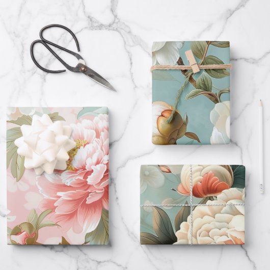 ヴィンテージエレガントピーニーパステルフローラギフト ラッピングペーパーシート (正面)