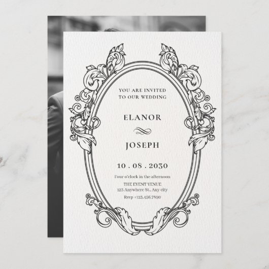 ヴィンテージエレガントフレーム結婚アートの写真 招待状 (正面/裏面)