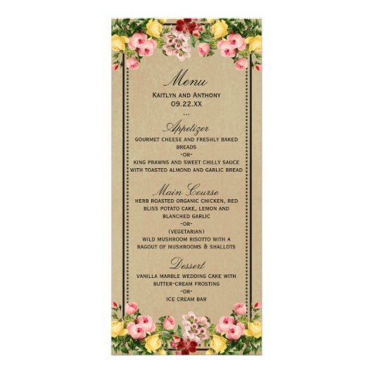 ヴィンテージエレガントフローラの結婚コレクションメニュー ラックカード (正面)