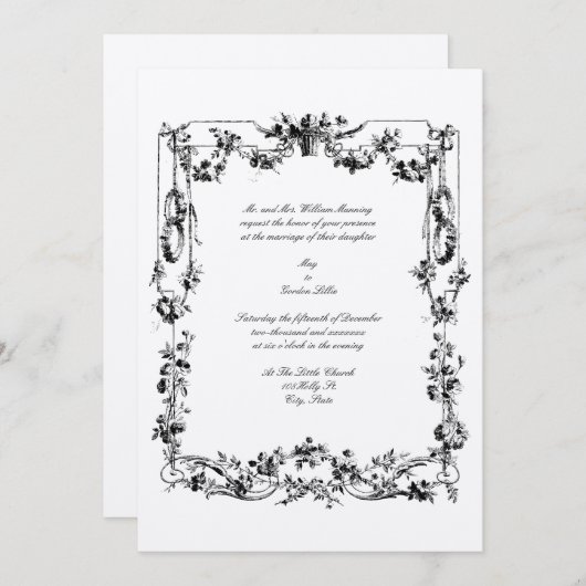 ヴィンテージエレガントフローラガーランズ&リボ結婚ンズ 招待状 (正面/裏面)