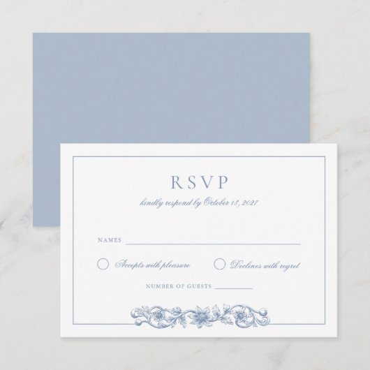 ヴィンテージエレガントフローラダスティブルーウェディングRSVP 招待状 (正面/裏面)