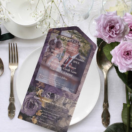 ヴィンテージエレガントフローラダークプラムパープル写真 オールインワン招待状