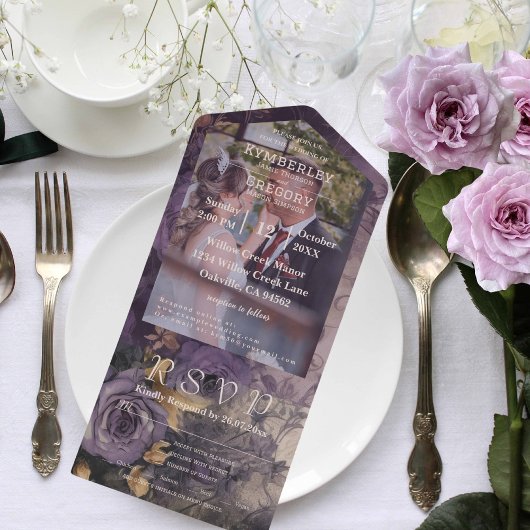 ヴィンテージエレガントフローラダークプラムパープル写真 オールインワン招待状