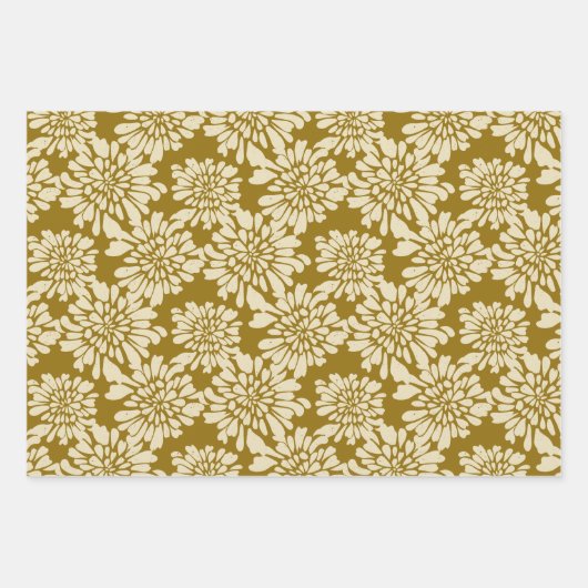 ヴィンテージエレガントフローラティール（緑がかった色）、青、マスタード ラッピングペーパーシート (正面3)