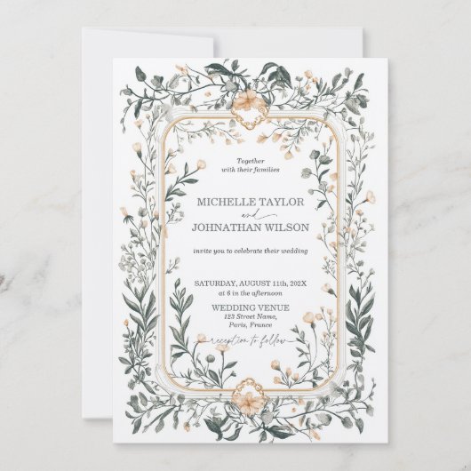 ヴィンテージエレガントフローラビクトリアン牧草地 招待状 (正面)