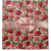 ヴィンテージエレガントフローラピンクローズ金ゴールドモノグラムの シャワーカーテン (正面)