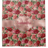 ヴィンテージエレガントフローラピンクローズ金ゴールドモノグラムの シャワーカーテン (正面)