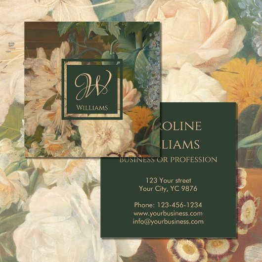 ヴィンテージエレガントフローラピンク緑モノグラム スクエア名刺