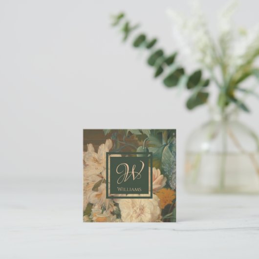 ヴィンテージエレガントフローラピンク緑モノグラム スクエア名刺 (スタンド正面)