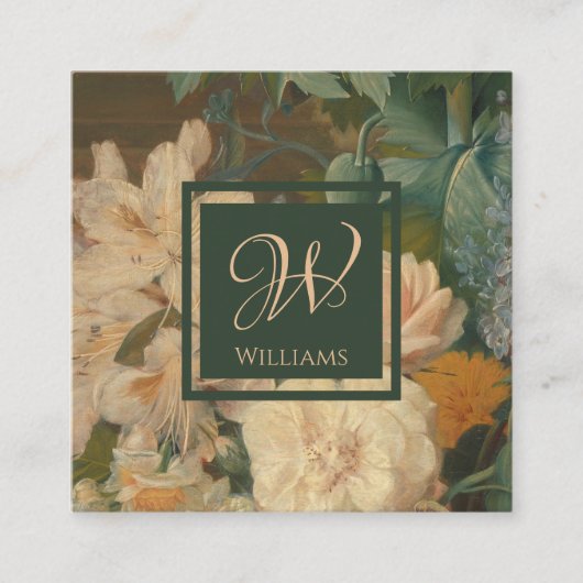 ヴィンテージエレガントフローラピンク緑モノグラム スクエア名刺 (正面)