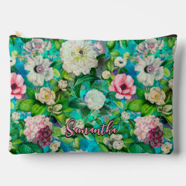 ヴィンテージエレガントフローラピンク花ブルーモノグラム アクセサリーポーチ