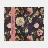 ヴィンテージエレガントフローラピンク花ブルーモノグラム フリースブランケット (正面(横))