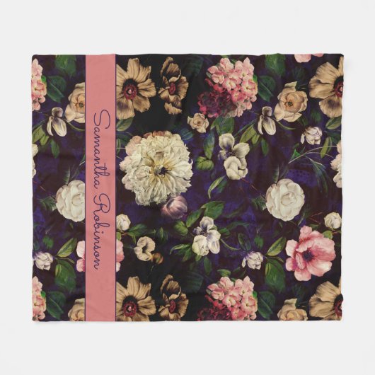 ヴィンテージエレガントフローラピンク花ブルーモノグラム フリースブランケット (正面(横))