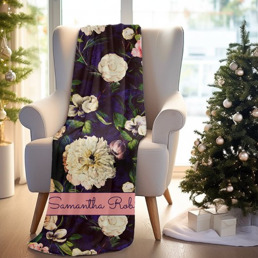 ヴィンテージエレガントフローラピンク花ブルーモノグラム フリースブランケット