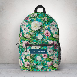 ヴィンテージエレガントフローラピンク花ブルーモノグラム プリントバックパック