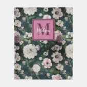 ヴィンテージエレガントフローラピンク花緑 フリースブランケット (正面)