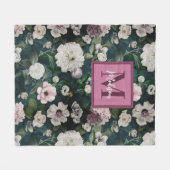 ヴィンテージエレガントフローラピンク花緑 フリースブランケット (正面(横))