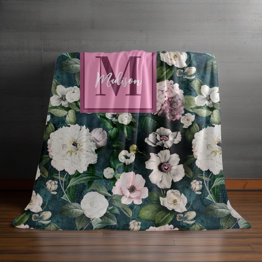 ヴィンテージエレガントフローラピンク花緑 フリースブランケット