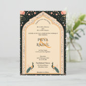 ヴィンテージエレガントフローラピーコックスインディアン結婚ズ 招待状 (スタンド正面)