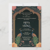 ヴィンテージエレガントフローラピーコックスインディアン結婚ズ 招待状 (正面)