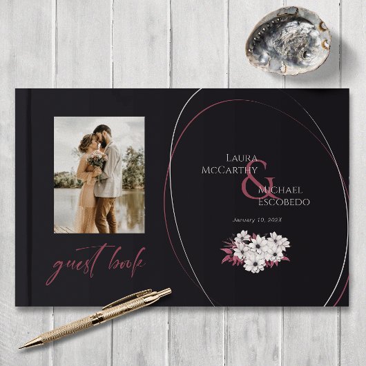 ヴィンテージエレガントフローラフォトブラックマゼンタ ゲストブック