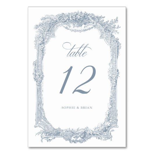 ヴィンテージエレガントフローラフレームほこりブルー結婚ズ テーブルナンバー (正面)