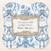 ヴィンテージエレガントフローラブルーとホワイト金ゴールドブライダル ペーパーコースター (正面)