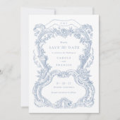 ヴィンテージエレガントフローラブルートイル日付の保存 招待状 (正面)