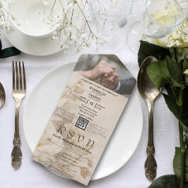 ヴィンテージエレガントフローラホワイトローズQRコード オールインワン招待状