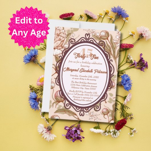 ヴィンテージエレガントフローラマイルストーン女性誕生日 招待状