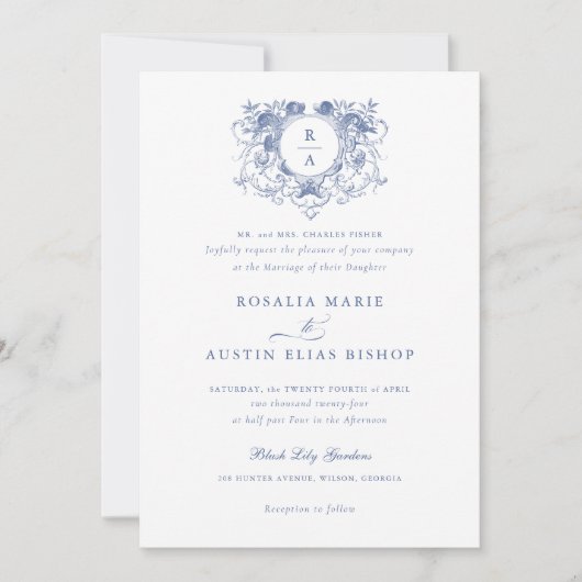 ヴィンテージエレガントフローラリーフクレストモノグラ結婚ム 招待状 (正面)