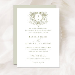 ヴィンテージエレガントフローラリーフクレストモノグラ結婚ム 招待状