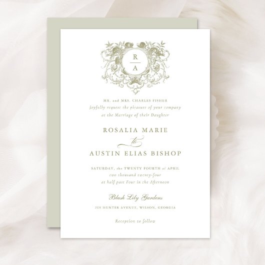 ヴィンテージエレガントフローラリーフクレストモノグラ結婚ム 招待状