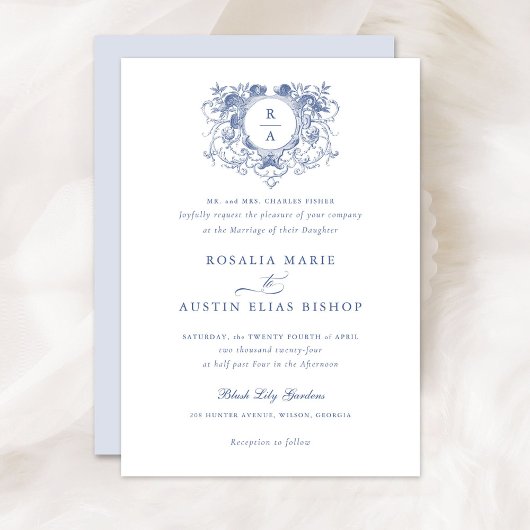 ヴィンテージエレガントフローラリーフクレストモノグラ結婚ム 招待状